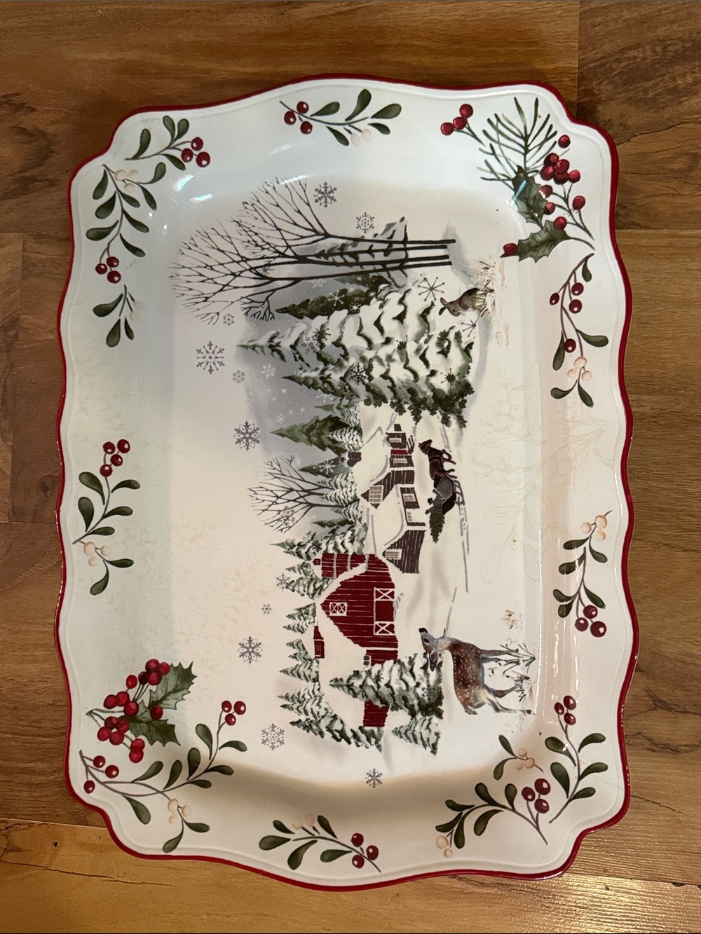 Holiday Winter Farmhouse Serving Platter - Cream with Red and Green